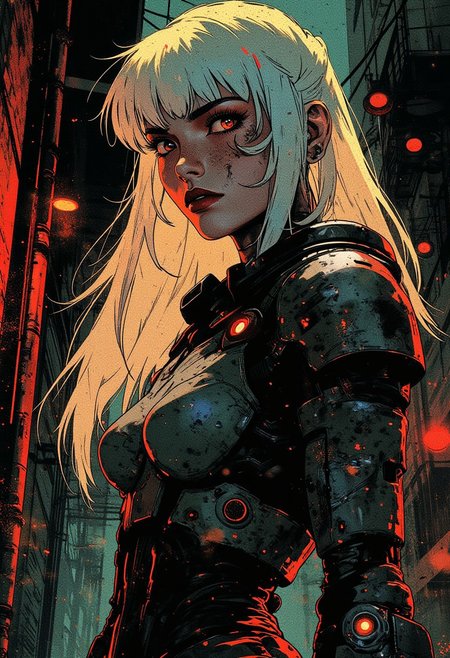anime image of a robotic cyberpunk female warrior, long multicoloured hair (platinum with red and blue highlights or streaks), bangs, dark eyeshadow, red lips, silver and red armour, silhouetted, chiascuro, glowing eyes, abstract dark cyberpunk background suggesting cyberpunk alleyway with neon signs