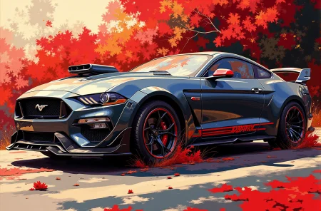 DB4RZ, DB4RZ style painting. Painting. A beautiful racing car stand in the middle of autumn scenery. <lora:FLUX-daubrez-DB4RZ-v2:0.6>