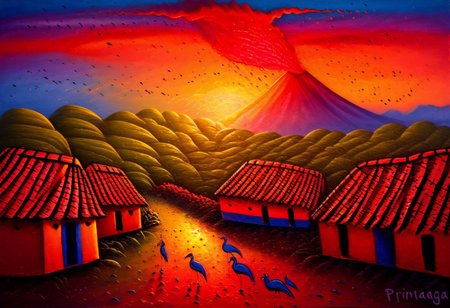 A small village in front of an erupting volcano at sunset.  the sky is full of birds, people are everywhere.  (Nicaragua Primitivism painting style)