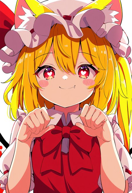1girl, flandre scarlet, 
solo, cat ears, frills, white background, symbol-shaped pupils, heart, ribbon, wings, hat, bow, kemonomimi mode, red eyes, looking at viewer, blonde hair, mob cap, ribbon trim, upper body, hat ribbon, closed mouth, puffy sleeves, fang out, one side up, bowtie, long hair, blush stickers, paw pose, ribbon-trimmed headwear, red bow, hands up, fang, animal ears, animal ear fluff, hair between eyes, red bowtie, simple background, short sleeves, heart-shaped pupils, puffy short sleeves, red ribbon, smile, white headwear,
masterpiece, best quality
 <lora:Siro9_nobep10-000013:1>