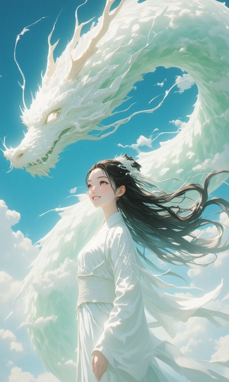 Long hair, smile, Chinese style, crystal clear crystal glass texture scene, 3D carving realistic scene A beautiful woman in ancient costume and a dragon appear in the sky, under the white crystal dragon stands a beautiful Chinese woman, 14 years old, energetic, wearing white Hanfu, white clouds floating in the background, close-up, panoramic shot, front shot, clean background, minimalist, light white and light green, dreamy texture, grand scene, dynamic design, water fusion, design balance, master work, movie lighting, fine details, color level. Longyan is full of spirit, dignified and solemn, ancient Chinese minimalism, macro perspective, 3D rendering, surreal details, fantasy style Ancient Chinese rice paper scroll, ancient Chinese simple painting, blank view, yarn material, artistic conception ink painting, Buddhist artistic conception, layering, soft light, depth of field, background blur, edge blur, ink illustration, Dunhuang color system