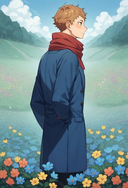 score_9, score_8_up, score_7_up, source_anime, rating_safe, rainbow flowers, Yakaikyu, 1boy, male focus, looking away, blushing, closed mouth, hands behind back, blue coat, dark red scarf, outdoors, spring,
