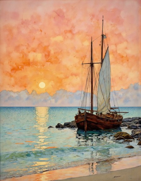 This is a detailed, impressionistic digital painting depicting serene coastal scene at sunset. The background features a gradient sky transitioning from a deep orange near the horizon to a soft pink and blue higher up, with a few scattered clouds. The sun, a bright yellow orb, is partially visible, casting a golden path across the calm, turquoise sea. The sea stretches out to the horizon, reflecting the colors of the sky. 
In the foreground, a small wooden boat with two tall masts and white sails is beached on a sandy shore. The boat is slightly tilted to the right, resting on a rocky outcrop. The boat's hull is a rich, dark brown with subtle highlights, and the masts are a lighter brown. 
The sandy shore is smooth and light beige, with a few scattered rocks and pebbles. The texture of the water and the sand is meticulously rendered with soft, fluid brushstrokes, capturing the gentle ripples and the smoothness of the beach. The overall mood of the painting is peaceful and tranquil, evoking a sense of calm and solitude.