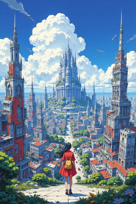 high-tech city beautiful  anime landscape, cloudy sky, woman, very intricate, very detailed, sharp, bright, colorful, <lora:Hand v2:0.5> <lora:Anti-Blur:1><lora:Insane Detail Slider:0.25>  <lora:flux.1_lora_flyway_Epic-detail_v2:0.3> <lora:fluxenhancer:0.25> <lora:ROWER:0.6> <lora:Surreal Anime - 3k steps:0.6>