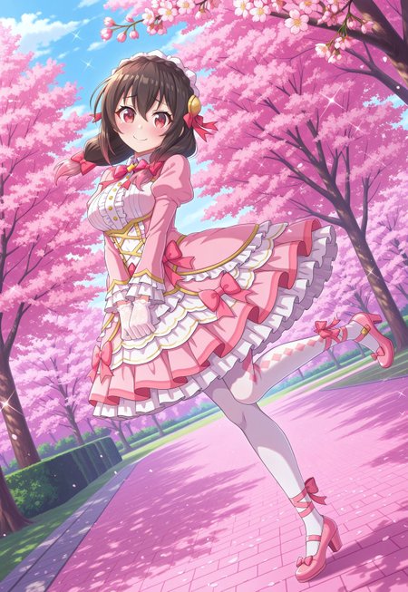 konofan, 1girl, yunyun \(konosuba\), long hair, crown braid, low twintails, hair bows, two-tone hair, gradient hair, multicolored hair, pink highlights, pink tips, masterpiece, best quality, absurdres, medium breasts,
(pastel theme, lolitafashion:1.2), pastel lolitafashion, sweet lolitadress, shiny lolitadress, victorian dress, kawaii, cute, puffy padded dress, petticoat, puffy sleeves, pastel colors, pastel pink, pastel blue, frilled wide skirt, white pantyhose, pastel dress, puffy sleeves, lace gloves, pastel headdress, many bows, multiple bows, ribbons, frills, frilled fabric, center frills, sparkles, glitter, cute lolitashoes, leg ribbon,
outdoors, nature, park, cherry blossom trees,
solo, from side, standing on one leg, full body, dynamic pose, dutch angle, looking at viewer, v arms, smile, embarrassed, blushing, 
intricate, highly detailed, majestic, shallow depth of field, movie still, circular polarizer