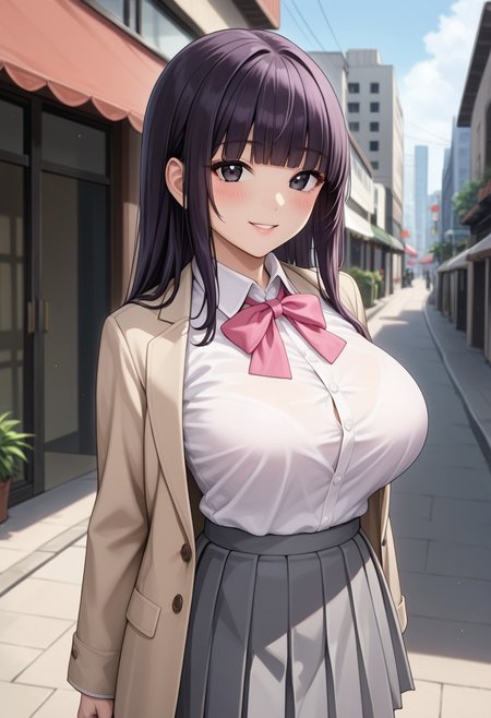score_9, score_8_up, score_7_up, source_anime, 
detailed eyes, eye reflection,
japanese girl,
black eyes, (purple eyes:0.8),
black hair, (purple hair:0.8), long hair, blunt bangs, hime cut,
huge breasts,
beige blazer,
white shirt, collared shirt,
pink ribbon, neck ribbon,
gray skirt, pleated skirt,
black socks, kneehigh socks,
outdoors,
1girl, blush, smile,