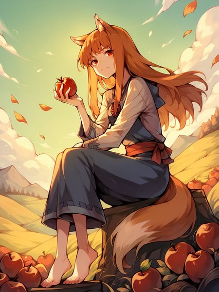 score_9, score_8_up, score_7_up, score_6_up, score_5_up,   <lora:HoloXLP:1> holo, 1girl, wolf ears, long hair, solo, red eyes, ginger hair, wolf tail, apple, barefoot