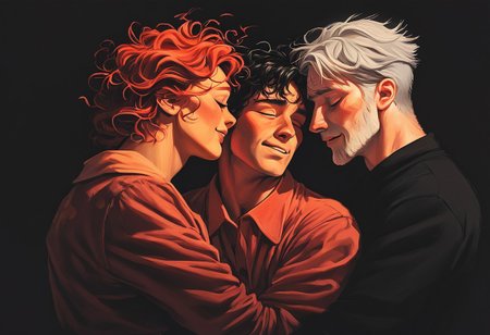 score_9, score_8_up, score_7_up, score_6_up, (1man 1woman  and 1man), (romantic group of three adults hugging:1.9), warm color palette,  side view,, s1_dram, ncpy13 style, pastels drawing. 
1woman, the woman is 40 years old, (chubby body:1.2), long messy hair, red hair, beautiful, dark background, , in pajamas.
1man one man is 40 years old with pudgy body, man with gray hair, happy, pleasure, in pajamas
1man another man is 30 years old with athletic body, man with black hair, no beard, happy, pleasure, in pajamas