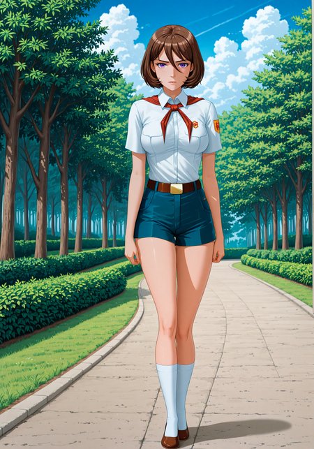 masterpiece, high_quality, highres, detailed_eyes, detailed, masterpiece, best quality, absurdres, 8k, HDR, face_focus, high quality, very_awa, newest, absurdres, highres, depth_of_field, realistic_skin, pinkretroanime, (retro art:0.7), Jeddtl02, p0nyd1sney1ncasev1x0n2, very aesthetic, detailed face, pioneer_uniform, el_pioneer_outfit, white_shirt_pioneer, short_sleeves, pioneer_badge, blue_short_pioneer, red_neckerchief, belt, white_socks, shoes, <lora:Kirishima_Aoki_illustrious_r1:0.8>, brown hair, short hair, purple eyes, (medium hanging breasts:1.1), elegant and dominant, mature, adult, sexy, medium breasts, looking at viewer, detailed beautiful eye, medium breasts, amazing background, clouds, nature, forest, ,  <lora:Everlasting_summer_pioneer_uniform:1>