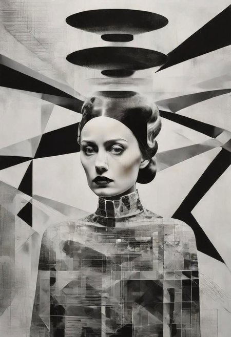 Monochrome black and white, Dali, Magritte, Delvaux, Bellmer, Malevitch, Rodchenko, Mondrian, Kandinsky, Popovna, psychedelic hallucination, pop surrealism, rough crosshatch drawing pop art Lunatic_Portrait of a young girl in latex, slick back, low bun, black makeup, sinister expression, intense glare, avant-garde, abstract, weird, geometric, constructivism, suprematism, rayonism, verticism, lineism, tj