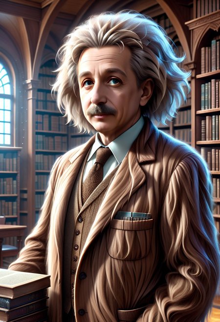 High quality, masterpiece, absurd resolution, vibrant color, Albert Einstein made of w00kiee,  fantasy library, indoors, sharp focus
