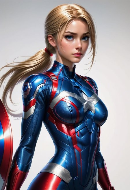 Rapunzel, Captain America, powered futuristic outfit, red and blue suit, ponytail, holding captain america round shield, swept bangs, style of stanley artgerm, white background, simple background
