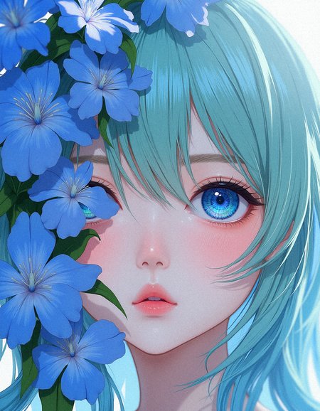 Envision a delicate anime-inspired portrait of a character with pastel blue and green hair, whose face is partially enveloped by a cascade of blue flowers. Their single visible eye, a stunning shade of blue, reflects intricate gem-like patterns that add a fantastical, otherworldly quality. The flowers, blooming in a gradient of blue shades with subtle accents of pink and white, seem to be a natural extension of the character, as if they are a part of them. Set against a soft, blurred background, the flowers and skin textures are emphasized, bringing out the ethereal and dreamlike essence of this fusion between human and nature.

Visual Aesthetics to Enhance Photorealism:
Slight lens flare to suggest natural light.
Veined, realistic leaf textures.
High-resolution details on flower pollen.
Accurate depiction of skin’s micro-textures.
