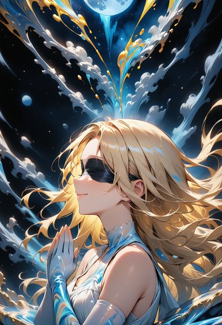 ((masterpiece), (best quality), (ultra-detailed), 
, 1woman, light,  upper body, long hair, blonde hair,
elbow gloves, illustration, 2DMM,
dress made of Liquid Marble,  black blindfold, blind, offer prayers, pray pose, hands together,
upper body, moon, standing on the edge of a destroyed bridge,  white dress, belt,
From side-above, space, stars, night, sky, Liquid Marble,   face focus, portrait, soft smile, chin up
 )