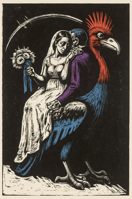 kako1 black and white woodcut print. A romantic scene with a couple, a woman, and a man, set against a dreamlike, fantastical backdrop. The woman, dressed in a flowing white wedding gown, is seated on the back of a stylized giant bird with a prominent red comb and a blue body. She holds a bouquet of flowers in her left hand and a blue ribbon in her right hand, which is resting on the man's shoulder. The man, dressed in a deep purple suit, embraces her from behind, with his head resting on her shoulder.   <lora:kako3_woodcut_cap_d6a3e11:1.0><lora:817687513457130056:0>