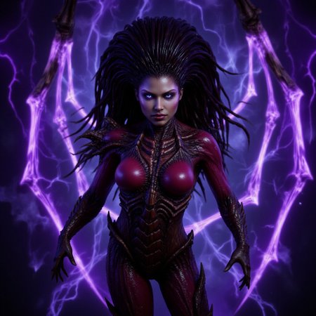 aidmafluxpro1.1, aidmarealisticskin, This is a highly detailed, fantasy photo featuring a powerful, humanoid female figure with a menacing, otherworldly appearance. She stands in the center of the image, surrounded by a swirling, ethereal vortex of dark purple and black cosmic energy. Her skin has a dark, almost black tone, and her eyes glow with an intense, piercing light. She has long, flowing, dark hair that seems to be infused with the same energy as the background, giving it a fiery, electric texture.shot with a sony camera