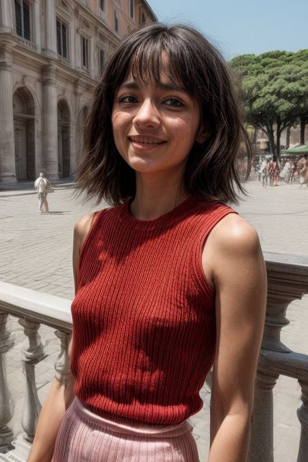 (side view:1.1), Italian woman, (swooping breasts:1.1), perky boobs, hard nipples, <lora:swooping_breasts-SD-1.0:1.2>, masterpiece, best quality, absurdres, highres, 4k, ray tracing, intricate details, highly detailed,  <lora:real_skin:0.7> skin, Rome view from balcony, Rome, knowing smile, blushing, shy, loose spaghetti strap tank top, lace tank top, perky medium boobs,