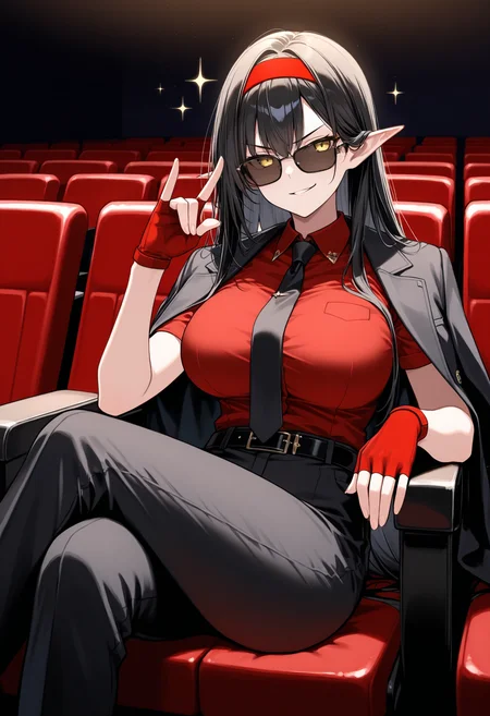 masterpiece, best quality, 1girl, solo, black hair, big breasts, pointy ears, very long hair, hair between eyes, red shirt, collared shirt, suit, black jacket, short sleeves, (jacket on shoulders:1.2), sunglasses, red hairband, sparkle, movie theater, red seats, dark room, sitting, crossed legs, yellow eyes, black pants, black belt, black necktie, red gloves, fingerless gloves, looking at viewer, \n/, v-shaped eyebrows, parted lips, smirk