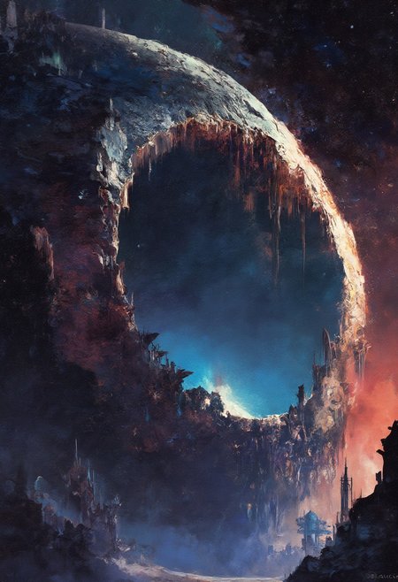 Scifi, retro style, massive futuristic ring structure, space, glowing neon accents, metallic textures, intricate details, vast scale, starry void background, subtle lens flare, nostalgic design, vibrant blues and oranges, high contrast lighting, dynamic perspective, 80s-inspired aesthetic, cosmic atmosphere.