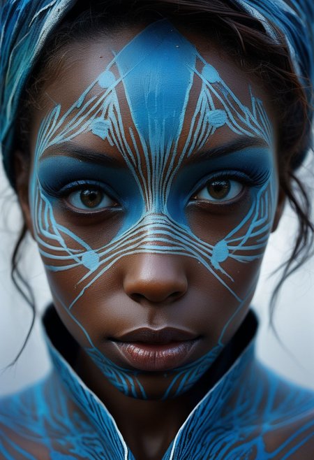 Close-up face, mysterious silhouette of an exotic coloured girl in worn down cape, light blue war-paint over eyes only, goddess, alluring, by Minjae Lee, Carne Griffiths, Emily Kell, Steve McCurry, Geoffroy Thoorens, Aaron Horkey, Jordan Grimmer, Greg Rutkowski, amazing depth, double exposure, surreal, geometric patterns, intricately detailed, bokeh,  perfect balanced, deep fine borders, artistic photorealism , smooth,  great masterwork by Suiras  <lora:add-detail-xl:2>  <lora:Double_Exposure:0.5>