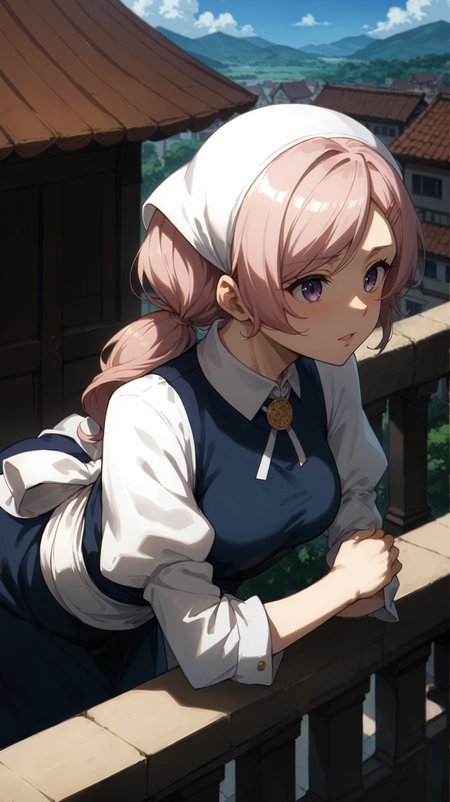 score_9,score_8_up,score_7_up,score_6_up, <lora:xl_more_art-full_v1:0.5>, source_anime, woman, dynamic pose, fetal position <lora:Isabelle - Pony:0.8>, pink hair, curly ponytail, low ponytail, long hair, purple eyes, blue dress, hairclip, white headdress, white sleeves, white sash, white collar, yellow broach, balcony, leaning forward, leaning over the edge,