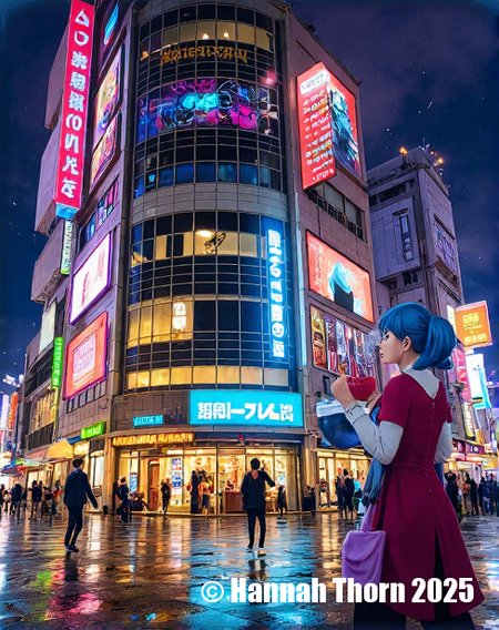 A vibrant, anime-inspired illustration of a futuristic bakery. In the foreground, a young woman with gravity-defying blue pigtails and robotic arm serves a cyborg pastry chef a steaming cup of cyber-matcha. The bakery is filled with hovering pastries, neon signs displaying calorie counts, and customers with augmented reality glasses. Outside, a rain-slicked street reflects the bakery's vibrant glow and the towering holographic advertisements above. A lone salaryman with an umbrella hurries past. The style blends the energy of Tokyo street fashion with the meticulous detail of a Studio Ghibli background. Emphasis on dynamic lighting, intricate details, and a sense of whimsical futurism. , detailifier<lora:_Flux\_Skin_Appearance\detailifier_flux-000006.safetensors:1.0:1.0>