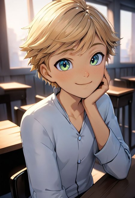 1boy, male focus, Adrien_Agreste, white button down shirt, solo, sitting, on chair, in classroom, head rest, hand on own face, smiling, looking at viewer, indoors, upper body, cinematic angle, (masterpiece), (best quality), (ultra-detailed), (finely detailed), beautiful lighting, very aesthetic, illustration, disheveled hair, perfect composition, moist skin, intricate details, unaestheticXL2v10
