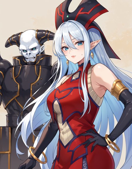 (score_9:0.9),score_8_up,score_7_up,rating_safe,anime style,(zPDXL),(zPDXL3),<lora:Ruin Queen of Oblivion ponyXL v1.1:0.8>,ruin queen of oblivion,1girl,gold bracelet,black elbow gloves,1boy,looking at viewer,red headwear,red dress,demise king of armageddon,full armor,mature female,