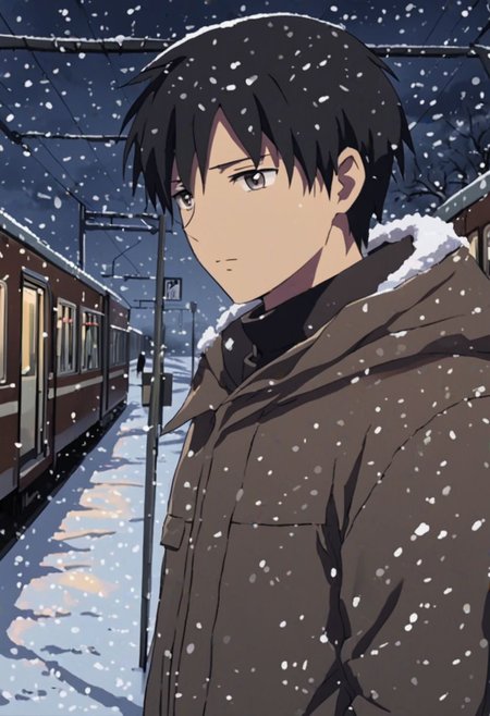 Highres, Masterpiece, High Quality, 4K, 8K, solo, 1Boy, Takaki Toono, adult, black hair, short hair, casual, snow jacket, train station, stuck train, blizzard, night, easynegative, detailed_eye_model