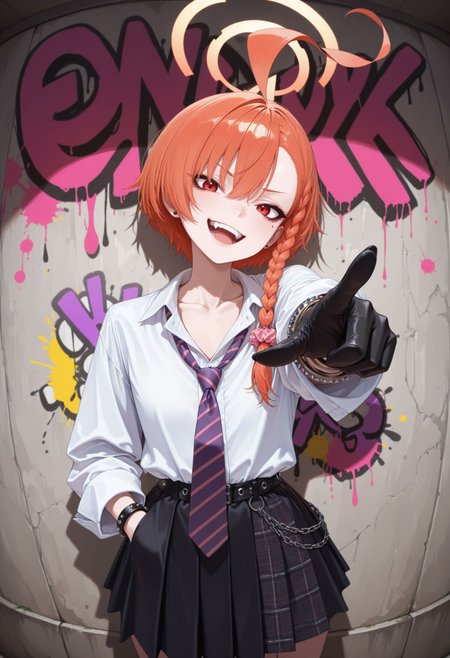 masterpiece, best quality, newest, very awa, looking at viewer,
 <lora:Neru illu:1> 1girl, halo, mole under eye, red eyes, orange hair, single braid, ahoge, short hair, huge ahoge, asymmetrical bangs
, black gloves, ((punk outfit,)), smile, goth eyeliner, full teeth, t, black nails, abstract background, abstract, colorful, paint splatter,fisheye, graffiti, hands_in_pocket, head up, head tilt,
, purple necktie, white shirt, hair scrunchie, looking at viewer, long hair, hair ornament, collared shirt, pointing at viewer, jewelry, long sleeves, school uniform, smile, bracelet, skirt striped necktie, pink scrunchie, collarbone,, 1girl