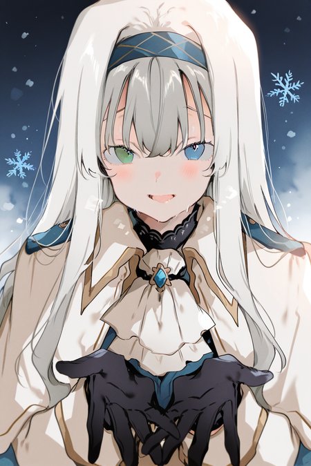 masterpiece, best quality, amazing quality,
 <lora:Nonoyama_IL:1> nonoyama, 1girl, gloves, heterochromia, long hair, blue eyes, white ascot, black gloves, ascot, solo, bangs, looking at viewer, snowflakes, blush, open mouth, snowing, green eyes, smile