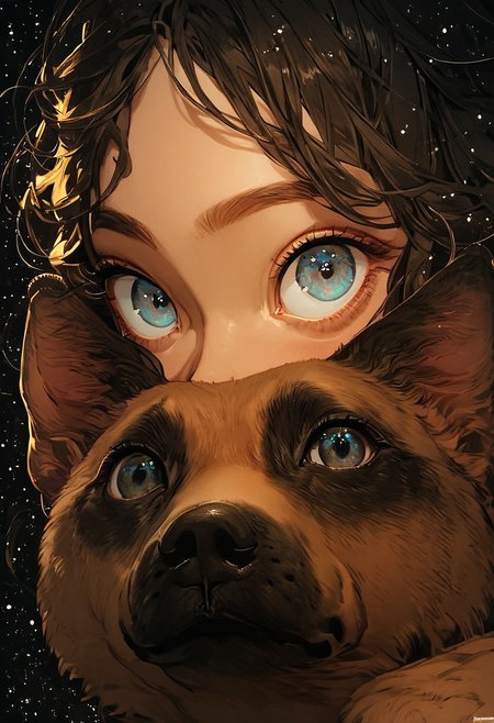 score_9, score_8_up, score_7_up, score_6_up, score_5_up, score_4_up,  girl and a dog, golden doodle dog, white and brown fur, (black star:1.2), girl has dark blonde hair and blue eyes, small eyes, galaxy, black background