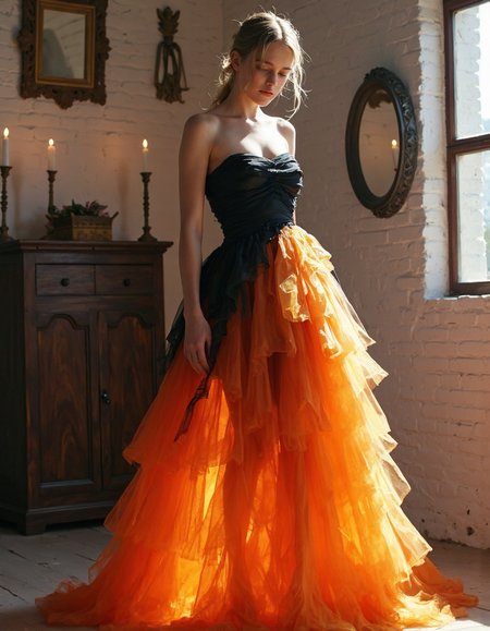 The image showcases a fashion model wearing a stunning fire-inspired gown that seamlessly blends elegance with a fantasy aesthetic. The strapless black bodice transitions into an ombré skirt of fiery orange and golden tones, reminiscent of flickering flames or a glowing ember. Soft, natural lighting enhances the semi-sheer textures of the layered skirt, giving it a dynamic, almost magical glow. The rustic studio setting—with its candles, aged mirrors, and white brick walls, heightens the romantic, ethereal mood, creating an unforgettable composition that merges strength, beauty, and enchantment. The model is in a awkward position.