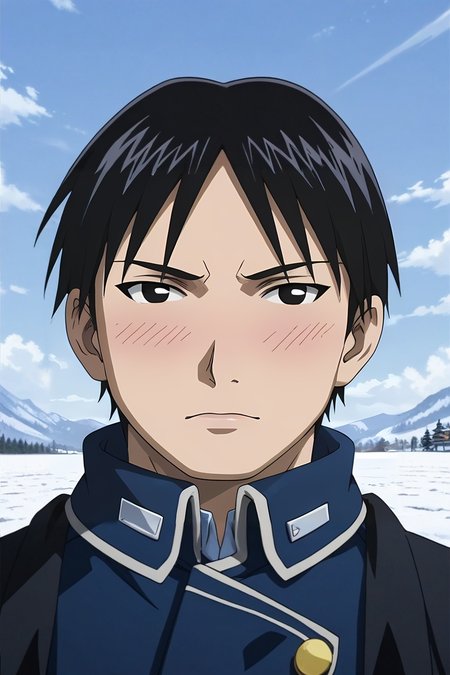 score_9, score_8_up, score_7_up, source_anime, rating_safe, , (photorealistic:0.6), looking at viewer, , 1boy, solo, male focus, <lora:roy_mustang_pony:0.84>, roy_mustang, black hair, black eyes, symmetry, snowy field, midnight, arms at sides, embarrassed, nose blush, burglar costume, <lora:sdxl_lightning_8step_lora:1>