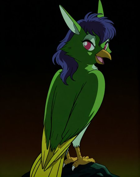 masterpiece, best quality, amazing quality, very aesthetic, absurdres, newest, volumetric lighting, directional lighting, vector art, lineart, vector graphics, detailed background,  solo,feral, murugu, bird,  big head, gradient background, full body ,  cute, open mouth, sexy arrogant expression, perched rear view, view from behind , folded wings,  <lora:Murugu_Bird_XL IL:1><lora:Anime_Screencap:1> anime coloring