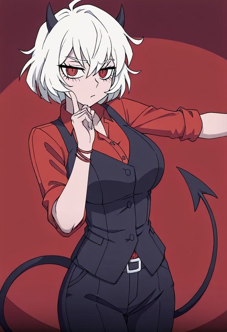 masterpiece, best quality, newest, absurdres, highres, anime, anime style, 1girl, malina (helltaker), demon girl, short hair, white hair, horns, demon tail, ONKDDV1.0, dance, finger to cheek, hoshino ruby dance, outstreched arm, pointing at self,