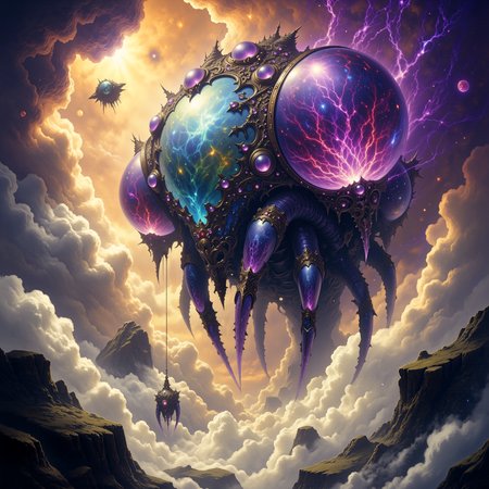 highly detailed, intricate, detailed background, famous artwork inspired by (thomas baxa:1.2), 1980s fantasy style, (fractal art:0.44), dramatic sky, this image shows the airborne "grand zurfdazzler", an ethereal and fantastical (invertebrate:1.1) with enormous (iridescent:1.1), pongfruddled (gas bladders:1.1), it navigates the clouds in the dense atmosphere of the (tempestuous:1.3) alien planet "huge hugo" with splydejammering grace, ethereal, golden ratio, in the style of ck-ovf, amanoer, arsmjstyle, dnddarkestfantasy, aidmamj6.1, 
<lora:style-oneviolentfantasy-ep21-flux-by_chronoknight:0.56> 
<lora:style-yoshitaka_amano-elden_ring-flux-by_alicient:0.36> 
<lora:style-dnd_dark_fantasy-flux-by_arsmachina:0.72> 
<lora:midjourney_61-v0.4-flux-by_aidma:0.6> 
<lora:faetastic_details-flux-by_faeia:0.52>