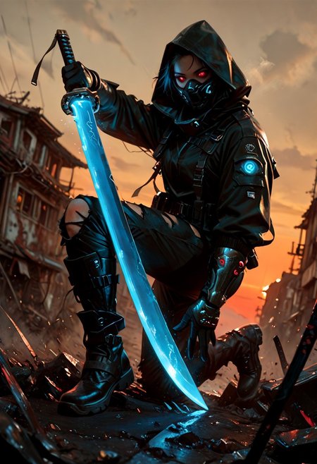 masterwork, masterpiece, best quality, detailed, depth of field, high detail, best quality, very aesthetic, 8k, photorealistic, realistic skin, realistic anatomy, good anatomy, deep colour, high contrast, hyperdetailed, matte digital painting, trending on artstation, sharp edges, precise, clear focus, detailed face, face focus, sideview, wide shot, looking at viewer, 
 futuristic, gritty. 
line art, ink art of a woman, solo, soldier, enigmatic, (glowing red eyes), matte black modular suit of armor, molded armour, whole body protection, heavy boots, holding an elegant katana, (blue glowing blade:1.5), blade up, ready to fight, dynamic stance. Deep hood, black face mask, pale skin, 
background war-torn urban landscapes, dramatic lighting, dynamic angle, whole body, face focus, high contrast, deep shadows, distant fires, smoky sky, matte painting, 
emwv2-illu