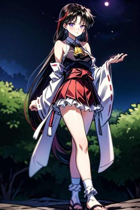 masterpiece,  best quality 1girl Setsun4 solo long hair,  (night time) forest background black hair very long hair purple eyes multicolored hair armor (fur trim) (medium body),<lora:EMS-179-EMS:0.800000>,<lora:EMS-293862-EMS:0.800000>ascot, bare shoulders, black footwear, detached sleeves, embellished costume, frills, japanese clothes, nontraditional miko, red skirt, sandals, sarashi, skirt, socks, white sleeves, white socks, wide sleeves, yellow ascot, zouri, armor, miko