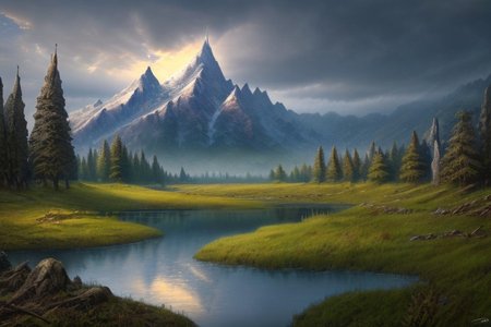 RAW photo, (masterpiece:1.3), subsurface scattering, heavy shadow, (high quality:1.4), (intricate, high detail:1.2), professional photography, HDR, High Dynamic Range, realistic, ultra realistic, photorealistic, high resolution, film photography, ambient lighting, atmospheric effects, <lora:detail_slider_v4:2>, OverallDetail, epic medieval fantasy, cloudy sky, day, fanmou, forest, mountain, nature, outdoors, reflection, sky, water, <lora:Fantasy_Mountains:1>, epiCPhoto