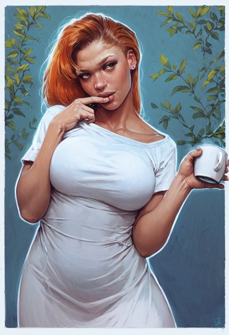 score_9, score_8_up, score_7_up, 1girl, voluptuous, character study, white outline, tight dress, ginger hair, coffee,  oversizedshirt, brown eyes, seductive expression,