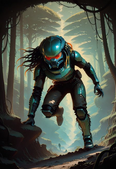 1other, predator (movie), alien, wired hair, visor, metallic, no humans, armor, lurking, dynamic pose, jungle, lush nature, tropic plants, liana, vines, dense verdure, dappled light, tree light, full body, dynamic angle, horror \(theme\), depth of field, focused subject, photo(medium), painterly, no lineart, no outline,anime coloring, masterpiece, best quality, good quality, very awa, very aesthetic, absurdres, newest, 8k, high contrast, sci-fi, illustration, retro,