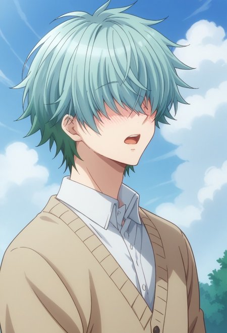 score_9, score_8_up, score_7_up, source_anime, highly detailed, 
kouta, 1boy, male focus, solo, sky, shirt, white shirt, hair over eyes, cloud, day, multicolored hair, upper body, blue sky, collared shirt, open mouth, outdoors, green hair, aqua hair, cardigan, blush, shocked,