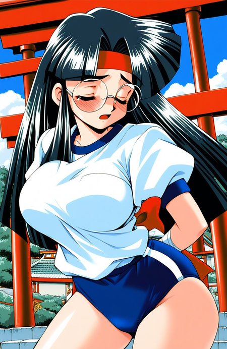 score_9, score_8_up, score_7_up, source_anime, rating_explicit, BREAK  <lora:Aoyama_Momoko_XL:1> AoyamaMomoko, long hair, black hair, red headband, large breasts, bandages, closed eyes, blunt bangs,
1girl, solo, 1990s (style), ã
round glasses
dark blue buruma, blush, white gym uniform, closed mouth, cowboy Shot,
full-face blush, sad,
outdoor, sky,shrine,
open mouth,