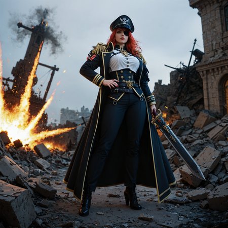 (score_9, score_8_up, score_7_up),
BREAK
gothic architecture, explosion, rubble, dark, grim
BREAK
dutch angle, full body, 1women, warhammer40kcommissar,  grim expression, left eyepatch,  breastplate, hat, epaulettes, greatcoat,  raising  40kchainsword, breastplate,  military pants,  cap, ,
<lora:Warhammer_40000_Commissar:1>  <lora:Bad_Hands_lora:0.8> <lora:add-detail-xl:0.8> <lora:Expressive_H:0.8> <lora:Chainsword_-_Warhammer_40000_Pony_SDXL:0.4>