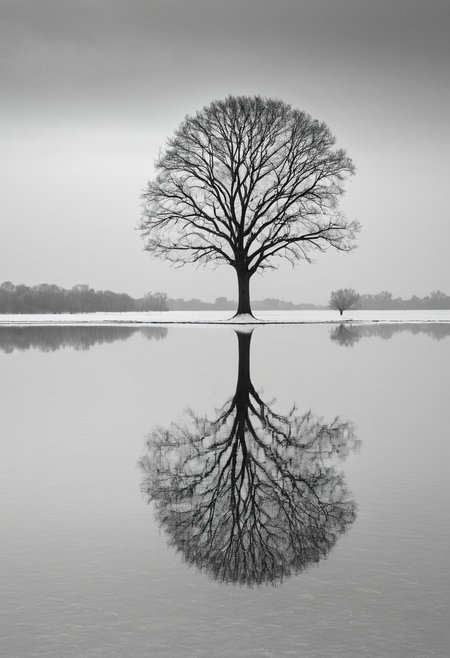 masterpiece, high quality, RAW photo, reflection, outdoors, no humans, monochrome, scenery, water lake, bare tree, boat, photo, serene, snow-covered winter landscape. solitary tree standing on a thin strip of land, which is the only visible vegetation The tree, devoid of leaves, is tall and bare, its branches reaching out in a symmetrical pattern, creating a stark silhouette against the pale, overcast sky. ground is blanketed in a thick layer of snow, creating a pristine, white expanse that extends from the tree towards the viewer., photorealistic, 8K, highly detailed, (snowing)