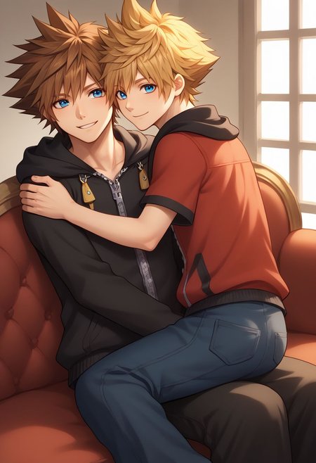 score_9, score_8_up, source_anime, highly detailed, 2boys,
sora, spiked hair, male focus, 1boy, brown hair, blue eyes, zipper, hoodie, BREAK
roxas, 1boy, zipper, male focus, spiked hair, blue eyes, blonde hair, pants, short sleeves, zipper pull tab, 
indoor, sofa, medieval, on lap, hug, smile,