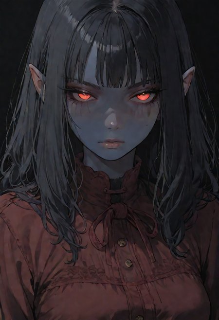 (score_9, score_8_up, score_7_up), source_anime, anime, female, elf, (dark blue skin), black hair, burgundy eye color, black eye sclera, layered clothing, waist-high, black background, woman