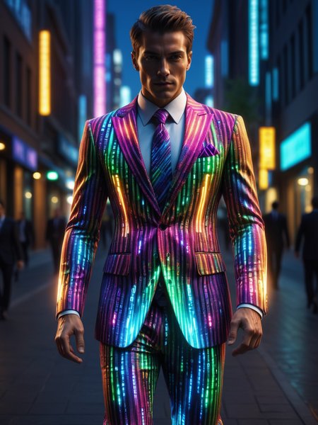 man wearing a glowing colorful mad-mtrx business suit walking through city, night, dynamic pose <lora:Colorful_Matrix_SDXL:0.6>, (masterpiece:1.2), best quality, (hyperdetailed, highest detailed:1.2), high resolution textures