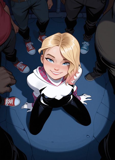 1girl, gwenstacy, blonde hair, blue eyes, asymmetrical hair, hooded bodysuit, sneakers, spider web print,

kneeling, smile, surrounded by men,

multiple men, (very dark-skinned men), big black cocks, thugs, out of frame, face focus,

NYC, dark secluded alley, big dumster, detailed background, night, view from above, cinematic lighting, shade,

masterpiece, best quality, newest, absurdres, highres, brucetimm, bnsky,